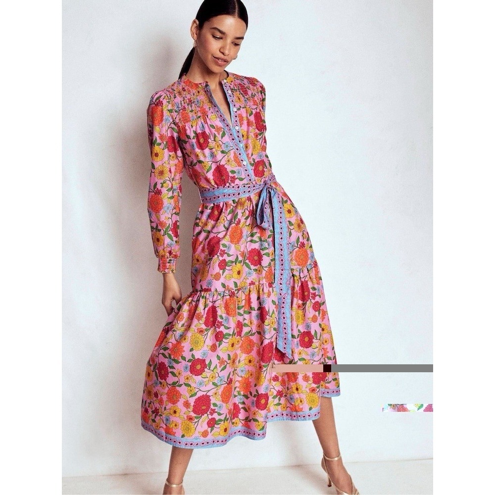 Boden Cecily Cotton Midi Dress 10 Pink Floral Colorful A Line Long Sleeve Belted